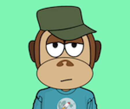 Ilustración digital de un personaje de mono Cryptopunk con un sombrero verde y una camisa azul sobre un fondo verde.