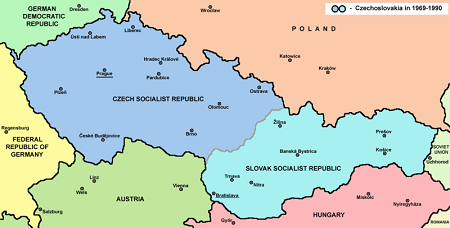 Mapa de Checoslovaquia con los países y ciudades vecinos.