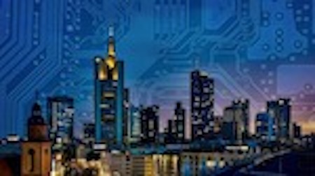 Ilustración de un paisaje urbano digital futurista con imponentes rascacielos y luces de neón.