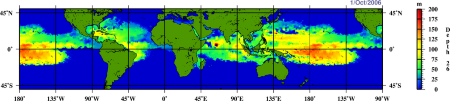 Un mapa del mundo con colores azul, verde, amarillo y naranja que representan diferentes temperaturas en la superficie del mar.