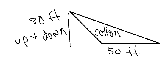diagrama de un campo triangular obtuso con una longitud de 50 pies y una altura de 80 pies