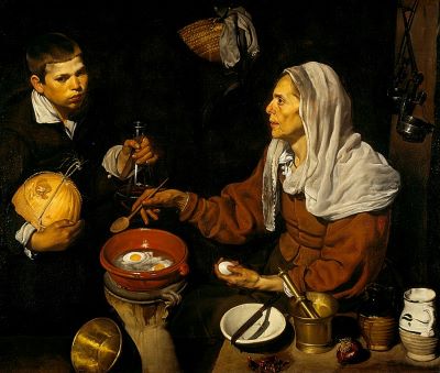Pintura de una mujer (derecha) cascando huevos en una olla sostenida por un niño (izquierda).