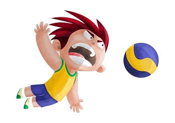 Un jugador de dibujos animados persigue un dodgeball.