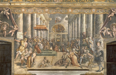 Una pintura que representa a Constantino rodeado de seguidores en un palacio de estilo clásico.