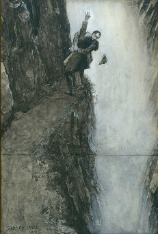 Dibujo de Holmes y Moriarty peleando en el acantilado sobre las cataratas Reichenbach