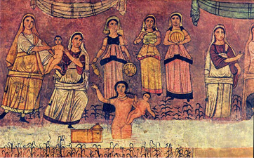 Un fresco del siglo III de la sinagoga Dura Europos, que muestra al niño Moisés siendo rescatado.