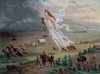 El concepto de Destino Manifiesto representado por una mujer y la naturaleza y los nativos americanos que tienen que apartarse del camino.
