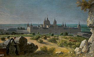 Cuadro con un monje en primer plano y un gran monasterio amurallado al fondo