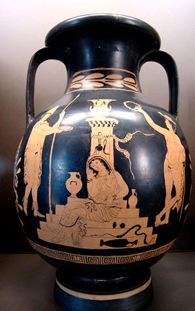 Un jarrón griego donde se representan a Orestes, Electra y Hermes.