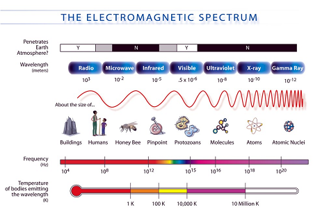 El diagrama muestra los componentes del espectro electromagnético con sus frecuencias, longitudes de onda y ejemplos
