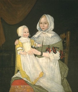 Retrato de una mujer, la Sra. Elizabeth Freake, con un vestido verde, cargando a su bebé, que lleva un vestido amarillo.