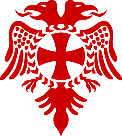 Un emblema rojo simétrico que muestra dos pájaros y una cruz.