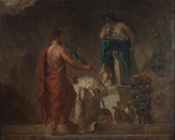 Pintura de un hombre consultando a Pythia