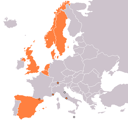 Imagen de un mapa de Europa con las monarquías resaltadas en naranja.