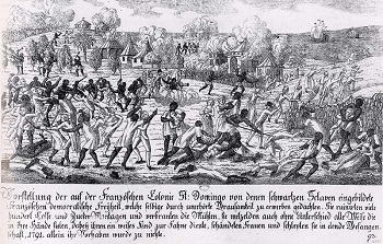 Grabado de revuelta de esclavos, Incendio en Saint-Domingo 1791