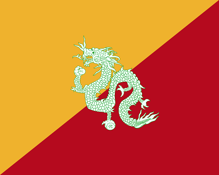 Una bandera bicolor que se divide diagonalmente con los colores amarillo y rojo. En el centro hay un dragón blanco y verde que sostiene joyas.