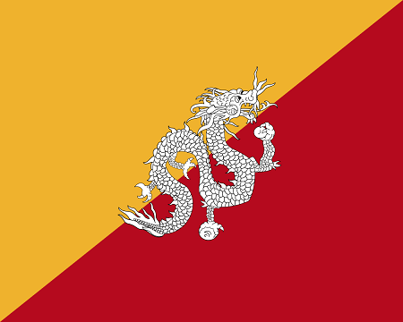 Una bandera bicolor amarilla y roja dividida en diagonal con un dragón blanco y negro que sostiene joyas en el centro.