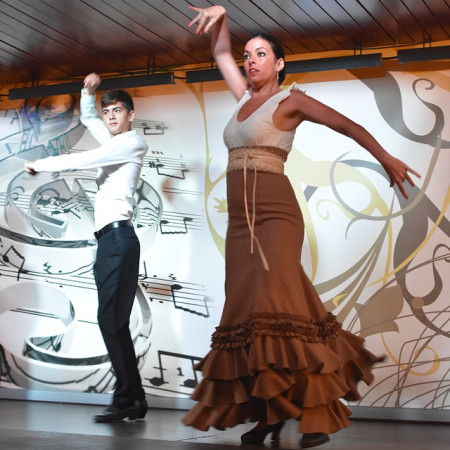 Un hombre y una mujer bailando flamenco.