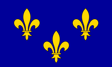 Una bandera azul con tres flores doradas tripartitas, que es el símbolo de la flor de lis.