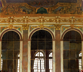 Obra de arte que representa el Salón de los Espejos en Versalles