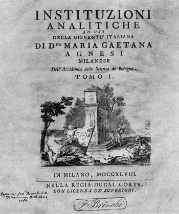 Portada de un libro sobre matemáticas escrito por Maria Agnesi