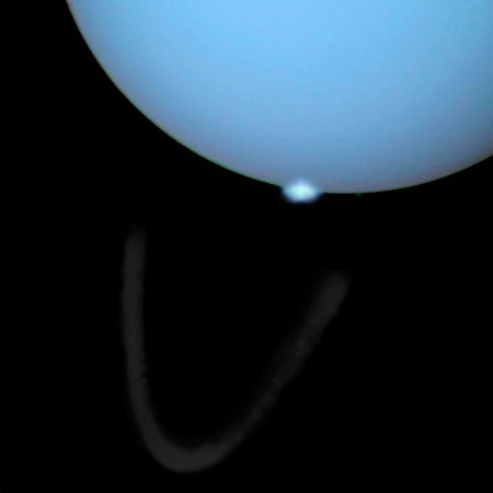 Una imagen de Urano formada por imágenes combinadas tomadas por el telescopio Hubble y el observatorio Gemini.