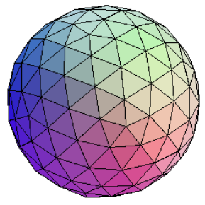 Los triángulos equiláteros multicolores están dispuestos en un patrón entrelazado para formar una esfera.