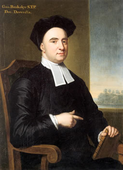 Berkeley, mirando al espectador, está vestido completamente de negro con cuello blanco. Está sentado y sostiene un libro cerrado.