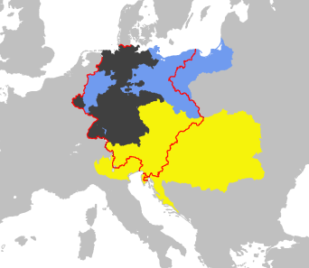 Mapa de Europa en 1820, con Prusia en azul, Austria en amarillo y la confederación delineada en rojo.