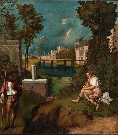 La Tempestad de Giorgione, un cuadro de paisaje que muestra a una mujer con un bebé, un hombre y una tormenta de fondo.