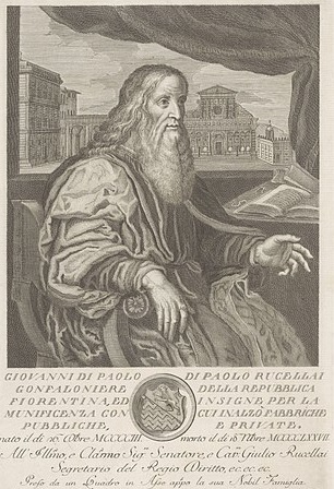 Retrato renacentista en blanco y negro de un hombre mayor con pelo largo y barba vestido con una bata y sentado en una ventana abierta.