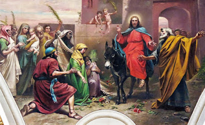 Pintura en color de Jesús montado en un burro en medio de una multitud de personas.