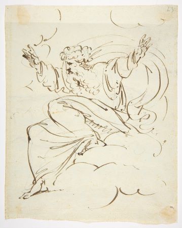 Imagen de un boceto de un hombre con los brazos extendidos sentado sobre una nube.