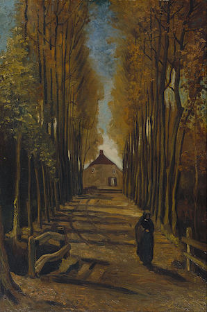 Pintura que muestra a una mujer caminando por un camino de tierra con una casa al fondo y árboles bordeando el camino