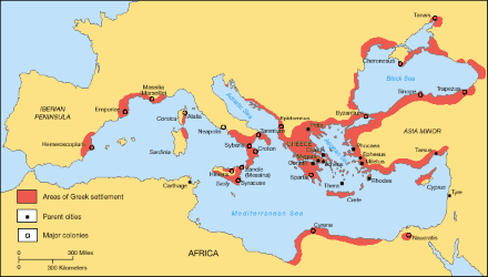 Mapa de las colonias griegas en el mundo antiguo, se extiende por gran parte del Mediterráneo y el Mar Negro
