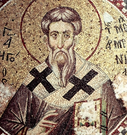 Una imagen de un mosaico de Gregorio el Iluminador, un hombre barbudo con atuendo religioso.