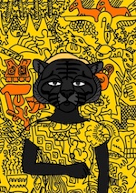 Obra de arte digital de un gato negro con una camisa que se mezcla con un fondo amarillo y naranja.