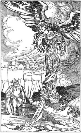 Thiazi (como un águila) secuestra a Idun mientras Loki observa.