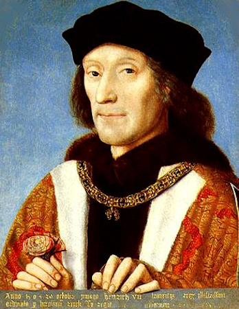 Un retrato del rey Enrique VII de Inglaterra con un sombrero negro y una capa elaborada