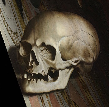 Detalle de la mano de Holbein del cráneo de The Ambassadors