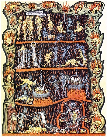 Pintura de pecadores torturados por demonios y fuegos.
