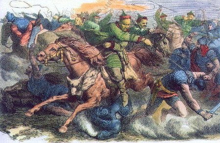 Una ilustración de los hunos en la batalla usando lazos a caballo