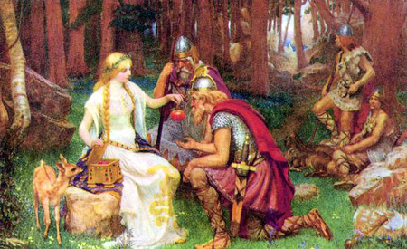 Idun se sienta en Asgard, con una pequeña caja de manzanas a su lado, entregando la fruta a los dioses.