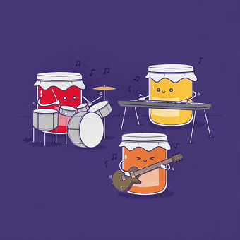 Juego de palabras visual que representa frascos de conservas tocando instrumentos: una Jam Band