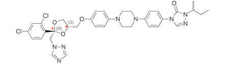 La estructura del intraconazol contiene centros quirales tetraédricos.