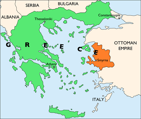 Mapa del mar Egeo y las tierras circundantes con Grecia en verde y Jonia al este en naranja