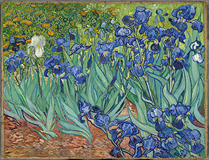 Cuadro de un campo de flores azules con hojas verdes de estilo impresionista.