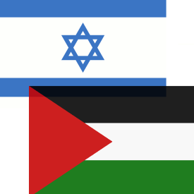 Banderas. Israel (rayas horizontales azules y estrella de David) y Palestina (horizontal negro, blanco, verde; triángulo rojo a la izquierda)