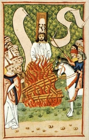 Esta imagen de un manuscrito iluminado publicado en 1500 muestra la quema de Jan Hus