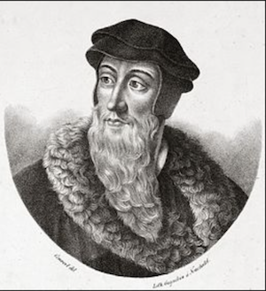 Ilustración en blanco y negro de un hombre barbudo que lleva una capa adornada con piel y un sombrero oscuro.